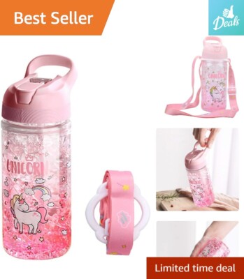 Adorable Unicorn Water Bottle with Straw - Outdoor Cup - 13.5oz - Shoulder Strap