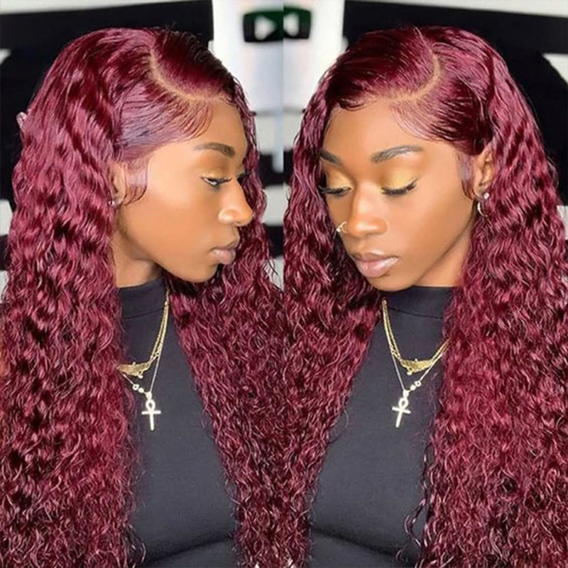Burgundy Deep Wave Lace Front Wigs Human Hair 99J Red Colored 13X4 Lace Frontal