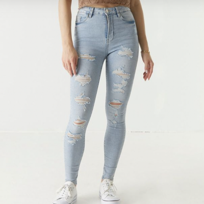 Denim Blue Mid Rise Ripped Jeans, Distressed Jeans