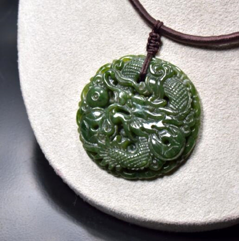 Jade Pendent Necklace Natural Canadian Nephrite Green Jade Dragon Diameter 50 Mm