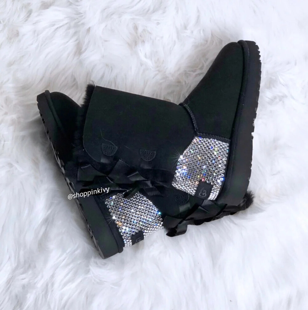 Pre-owned Ugg Women's  Crystal Custom Black Bailey Bow  Boots