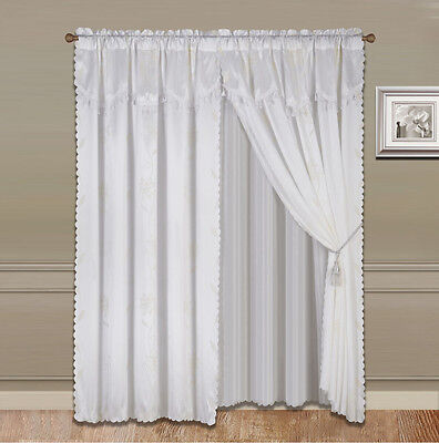 8-Piece WHITE  Nada Luxury Faux Jacquard Floral Panel Window Curtain DRAPE SET