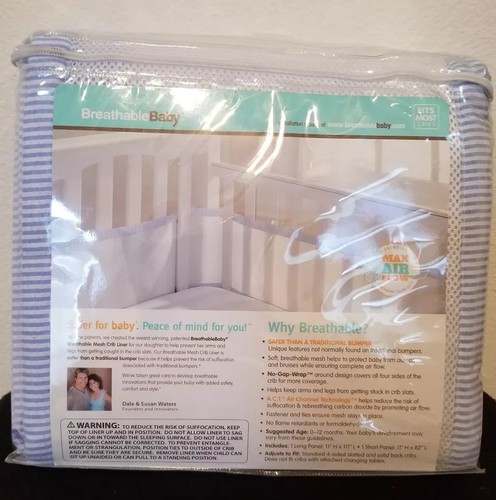 New Breathable Baby Mesh Crib Liner Bumper light blue white striped seersucker