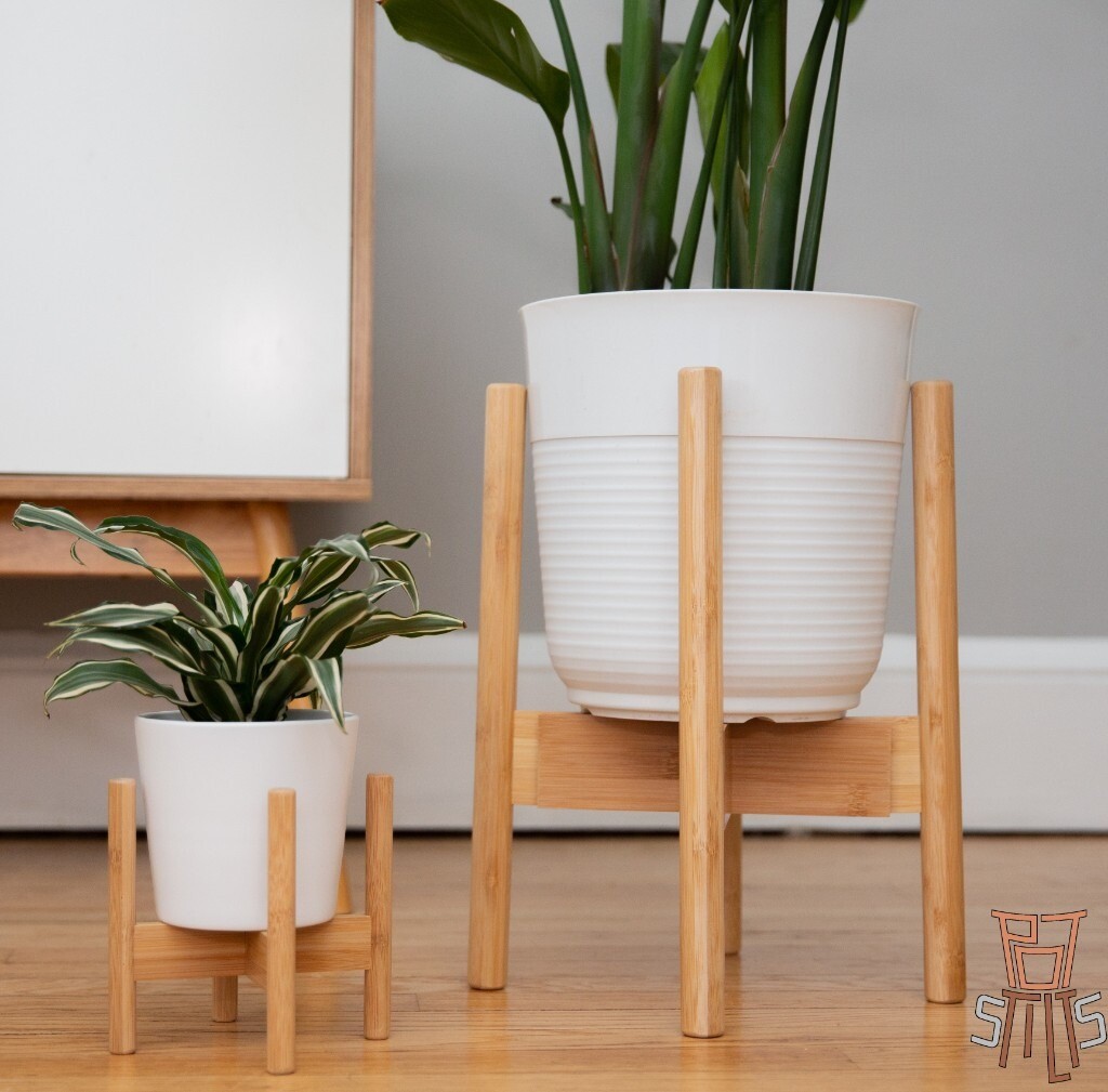 Mid Century Modern Adjustable Bamboo Plant Stand with FREE