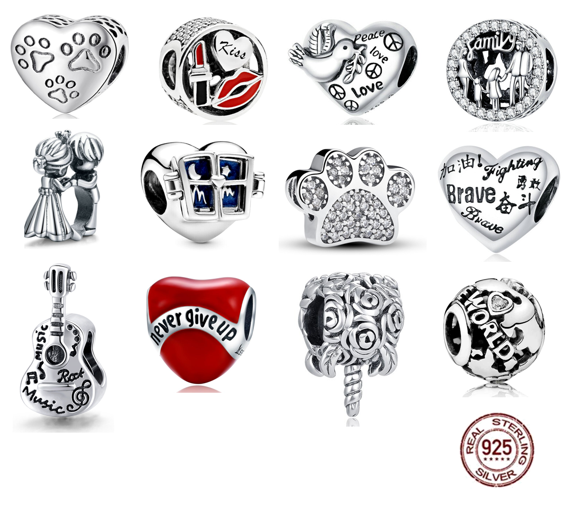 Charms Anhänger für Pandora Silber 925 Herz Liebe Familie Glück Hund Rose Blume