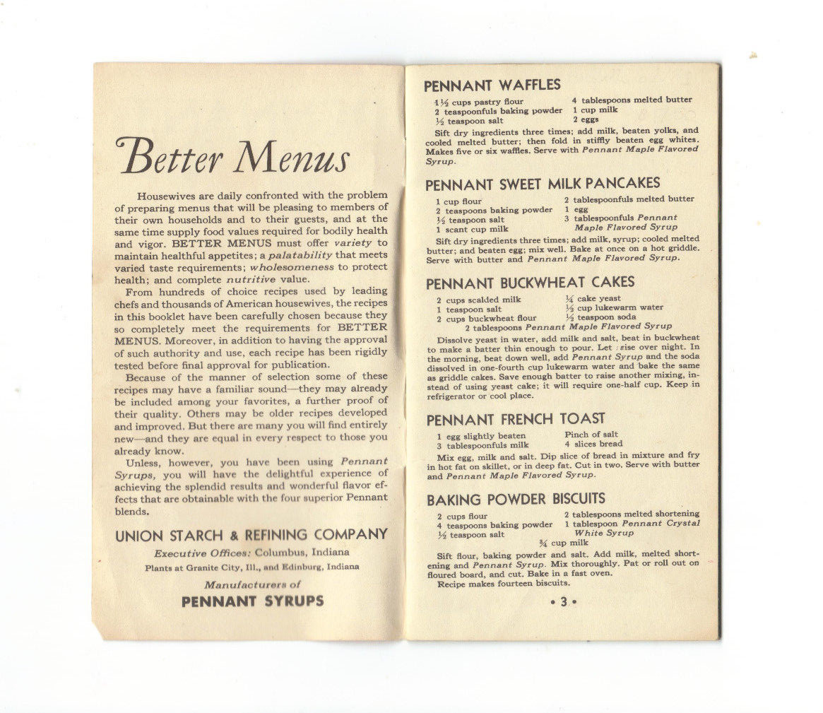 Pennant Syrups Recipe Booklet Vtg 1920s Cookbook Union Starch  Columbus IN