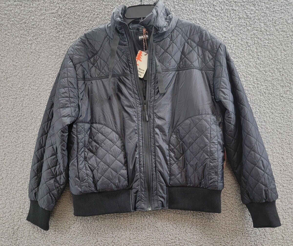 BASS OUTDOOR Quilted-Trim Zip Bomber Jacket Women's M Black Side Pockets L/S - Picture 2 of 21