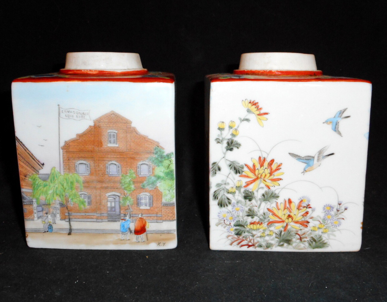 Pr. Unusual Antique Japanese Tea Canisters Hand Painted with Tea Trade Area Vie