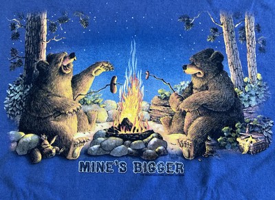 Vintage The Mountain  Mine's Bigger  Large Blue  Wilderness Bears Camping Fire F
