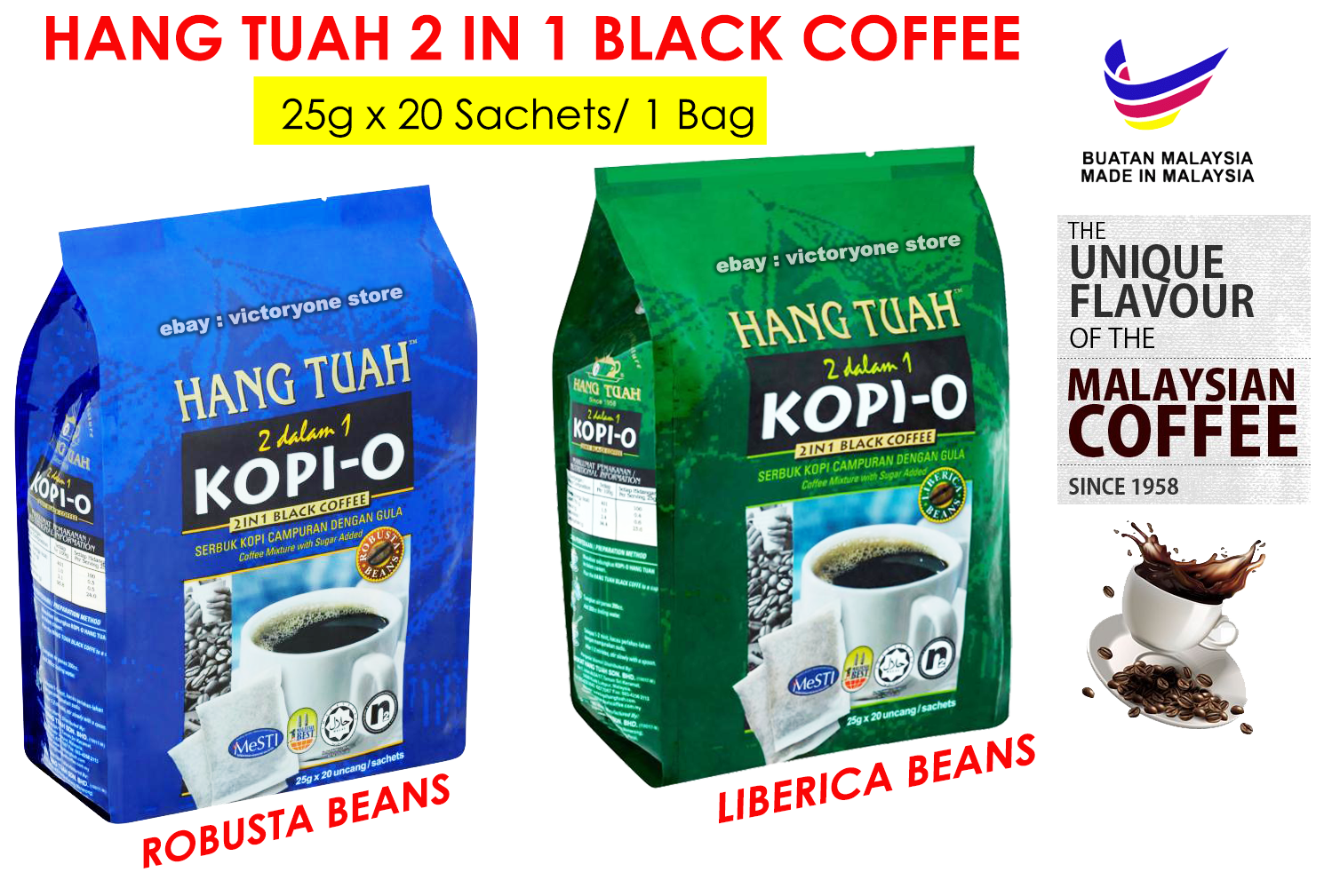 Instant Coffee Black 2 IN 1 HANG TUAH Unique Flavour Malaysian Since 1958 Sachet