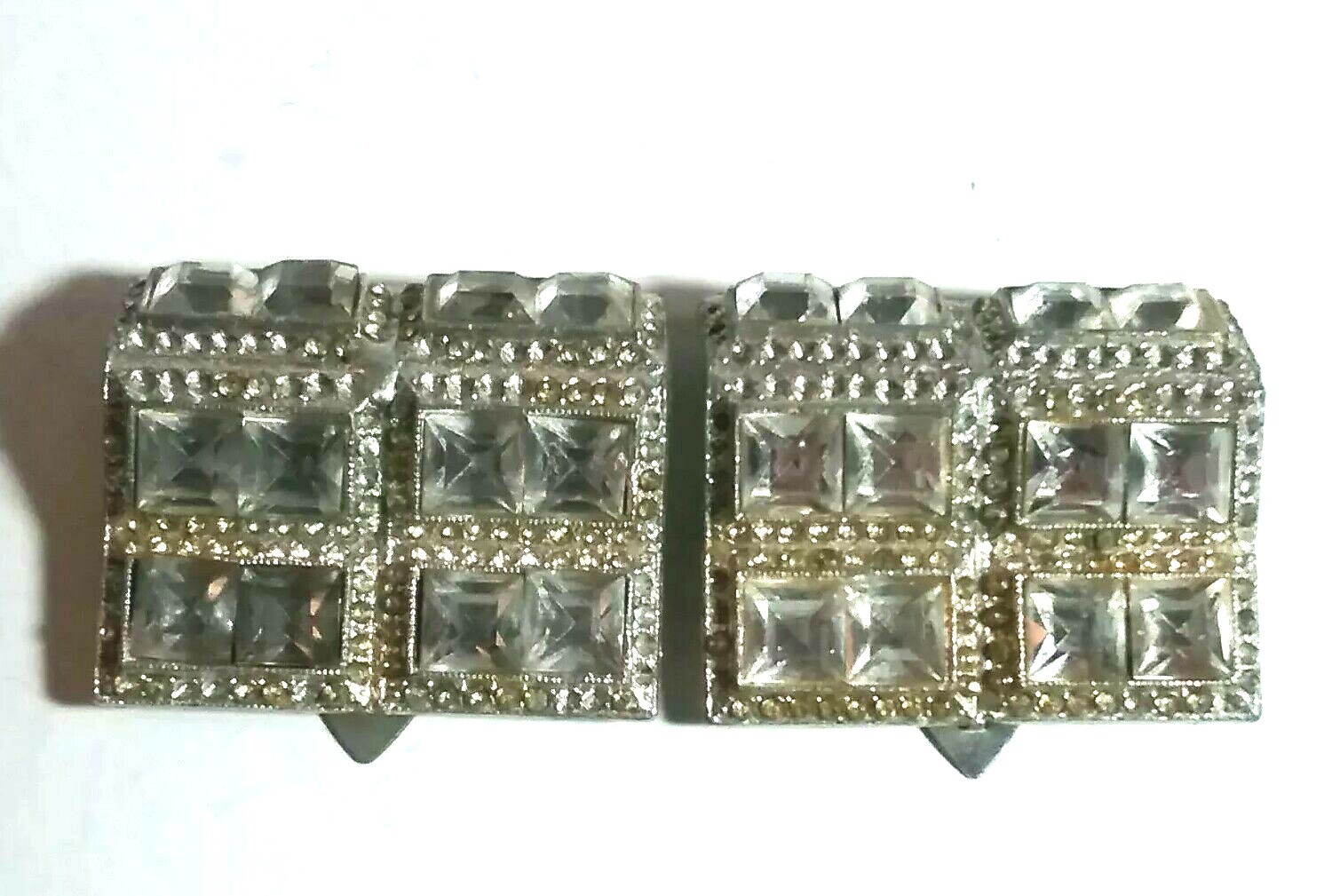 UNUSUAL ANTIQUE PASTE SILVER TONE RHINESTONE ART DECO DRESS CLIPS PAIRED SET