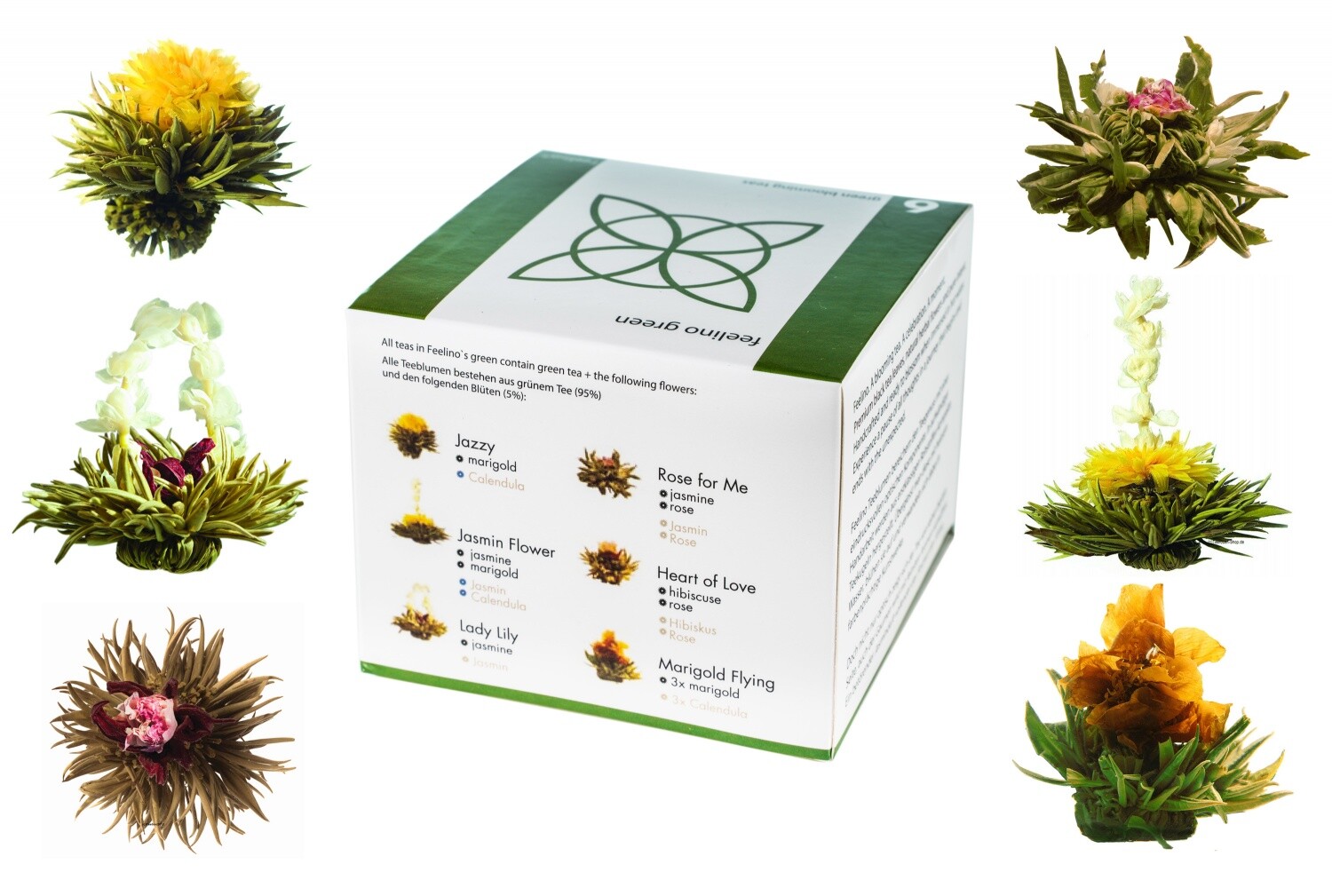 6er Probier-Box Grüntee-Teeblumen Feelino green mit 6 verschiedenen Teekugeln