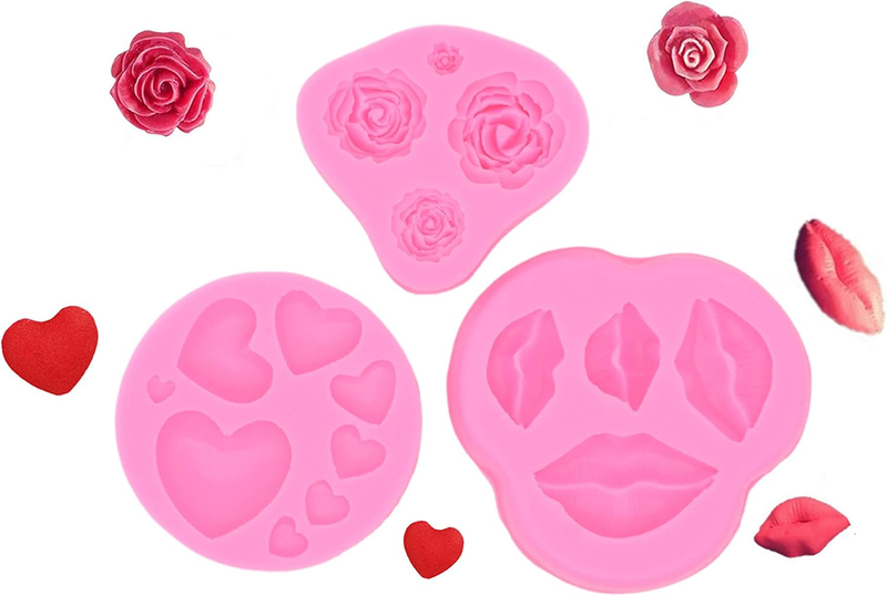 3 Pack Silicone Fondant Cake Molds, Rose Flower, Lips, Heart Shape Candy Molds Set for Chocolate Making, Cake, Valentines Day, Wedding Decoration, Polymer Clay Craft Project