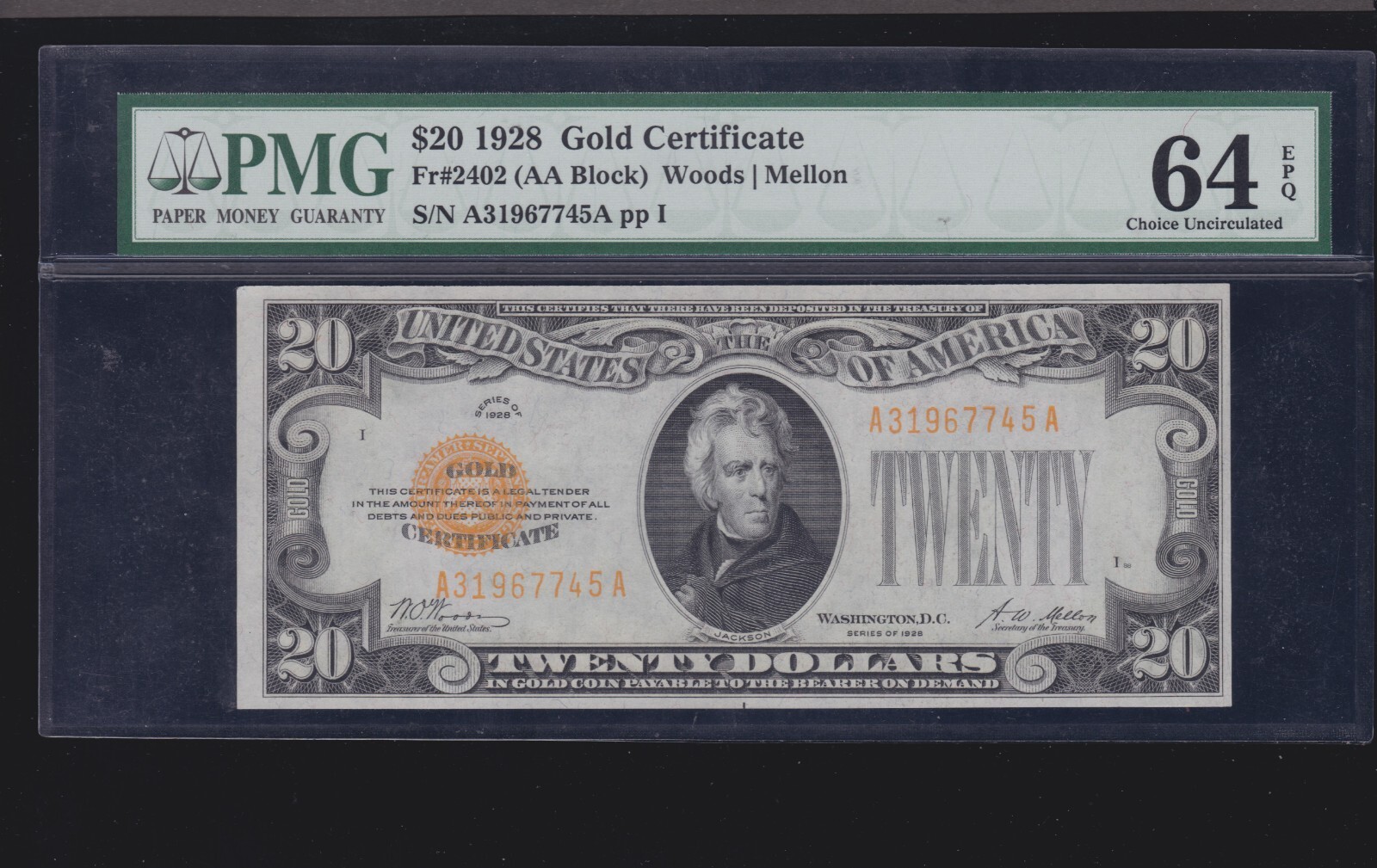US 1928 $20 Gold Certificate FR 2402 PMG 64 EPQ V Ch CU (745