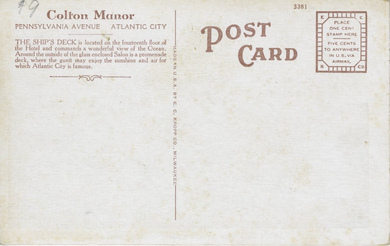 Ship's Deck Atop Colton Manor ~ Atlantic City NJ New Jersey ~ Hotel Postcard