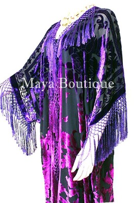 Pre-owned Maya Matazaro Violet Fuchsia Kimono Caftan Fringe Jacket Silk Burnout Velvet Hand Dyed Maya In Violet Fuchsia Ombree