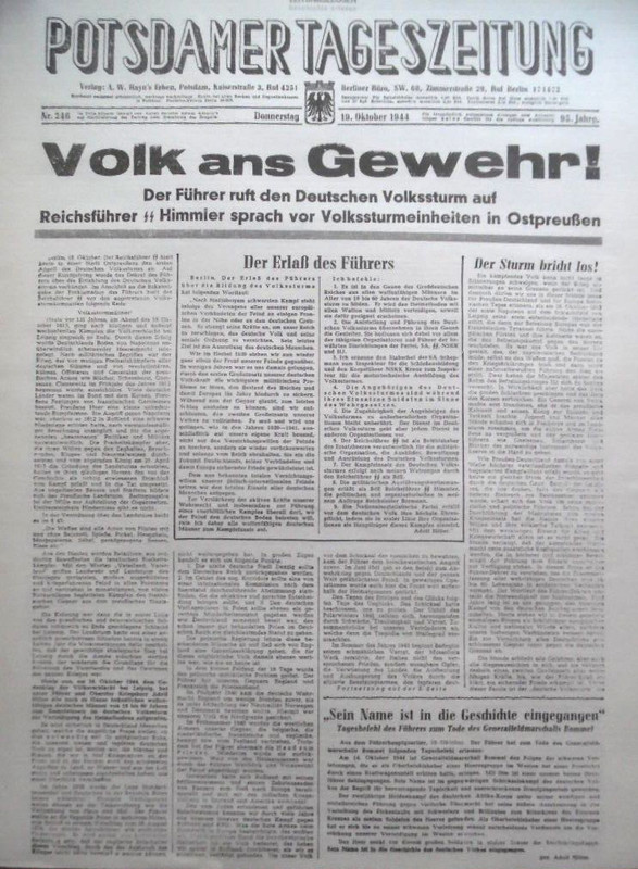 Potsdamer Tageszeitung 19. Oktober 1944 Volk Ans Gewehr! Volkssturm Holland