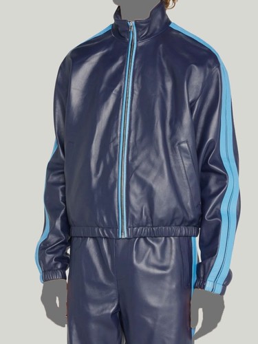 $2450 Marni Men's Blue Leather Side-Stripe Track Jacket Size