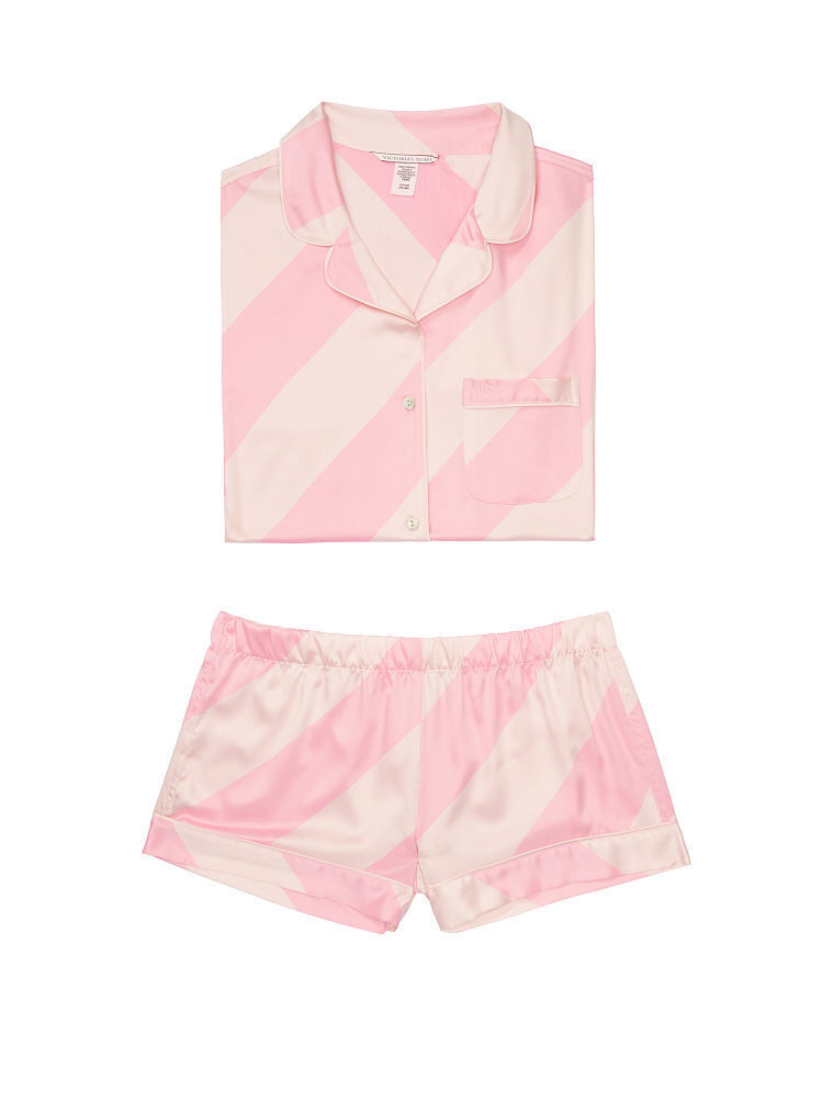 

NWT VICTORIAS SECRET АТЛАСНАЯ ПИЖАМА-БОКСЕР PJ PJ В РОЗОВОЙ ПОЛОСКЕ M, Розовый