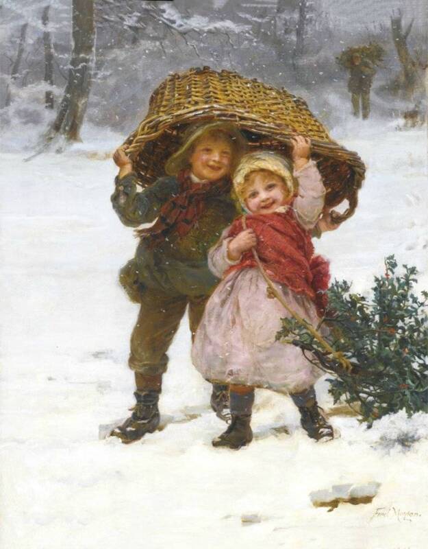 Children In Winter Basket And Christmas Tree By Frederick Morgan