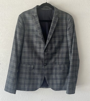 TOPMAN Blazer gray with navy windowpane plaid men s sz 42  2 button Preppy