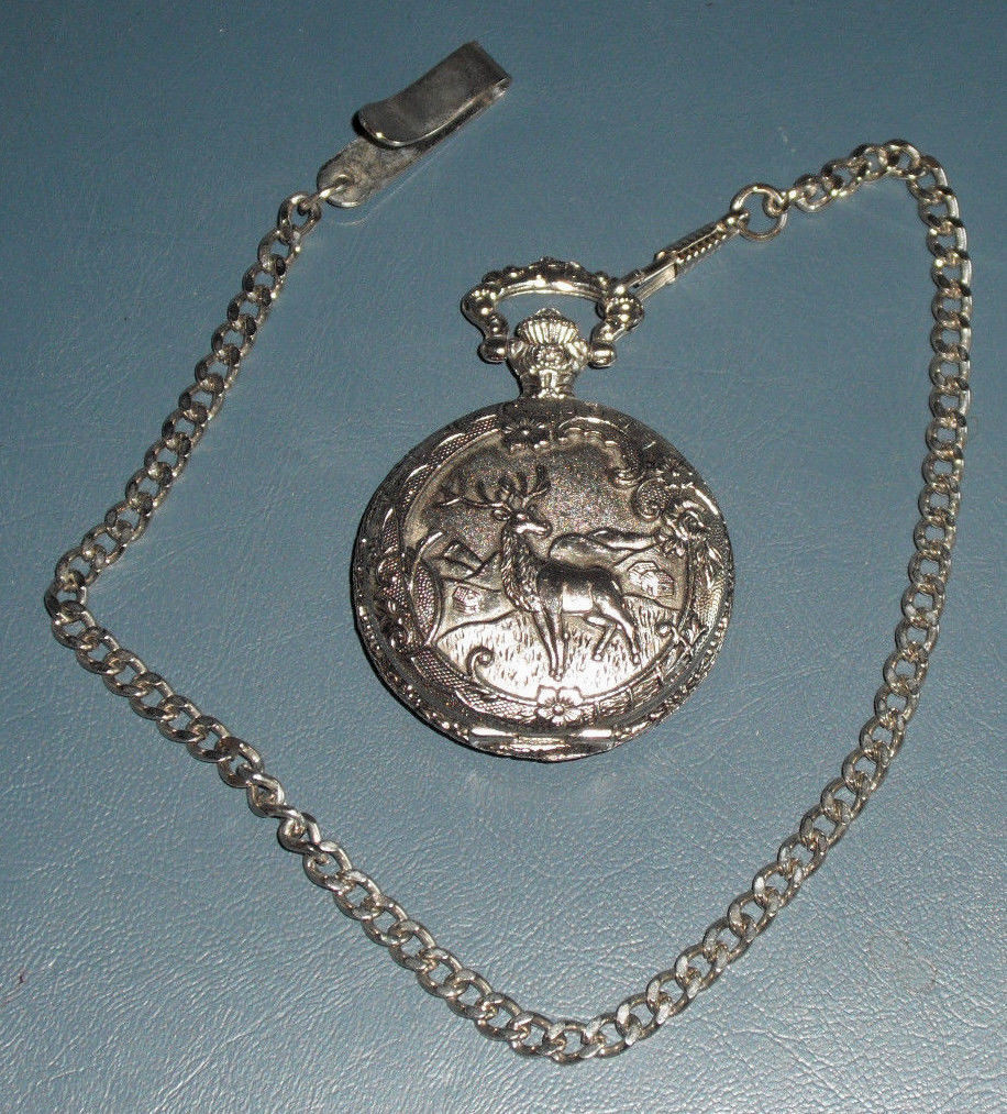 VINTAGE MILAN QUARTZ SILVER-TONE POCKET WATCH WITH CHAIN DEER/ELK/BUCK/STAG