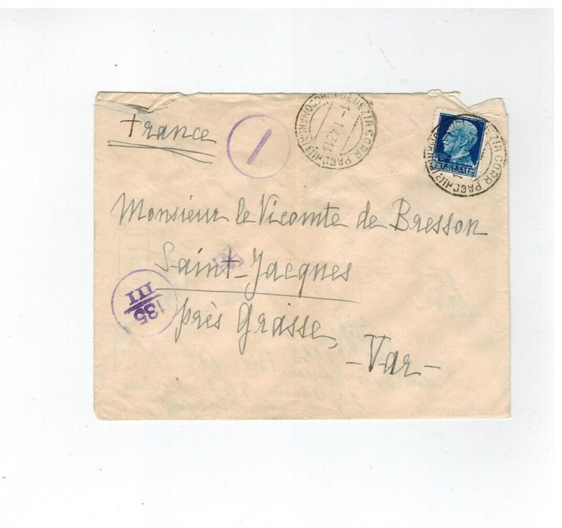 Lettre Venezia Corr Pacchi Pour Grasse Censure  1943 Multiples Cachets Censura