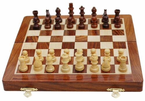 Wooden Chess Board Set with Magnetic Pieces Foldable & Extra Queens (7x7 Inch)