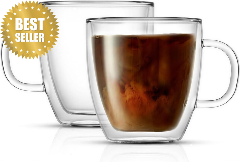 Vintage Coffee Mugs 2Pcs Set, 14Oz Clear Embossed Glass Cups | Bamboo Lids and S