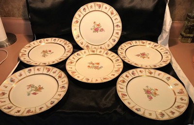 LIMOGES FRANCE WM GUERIN & CO FLORAL PANEL GOLD LEAVES CHINA PLATE SET OF 12