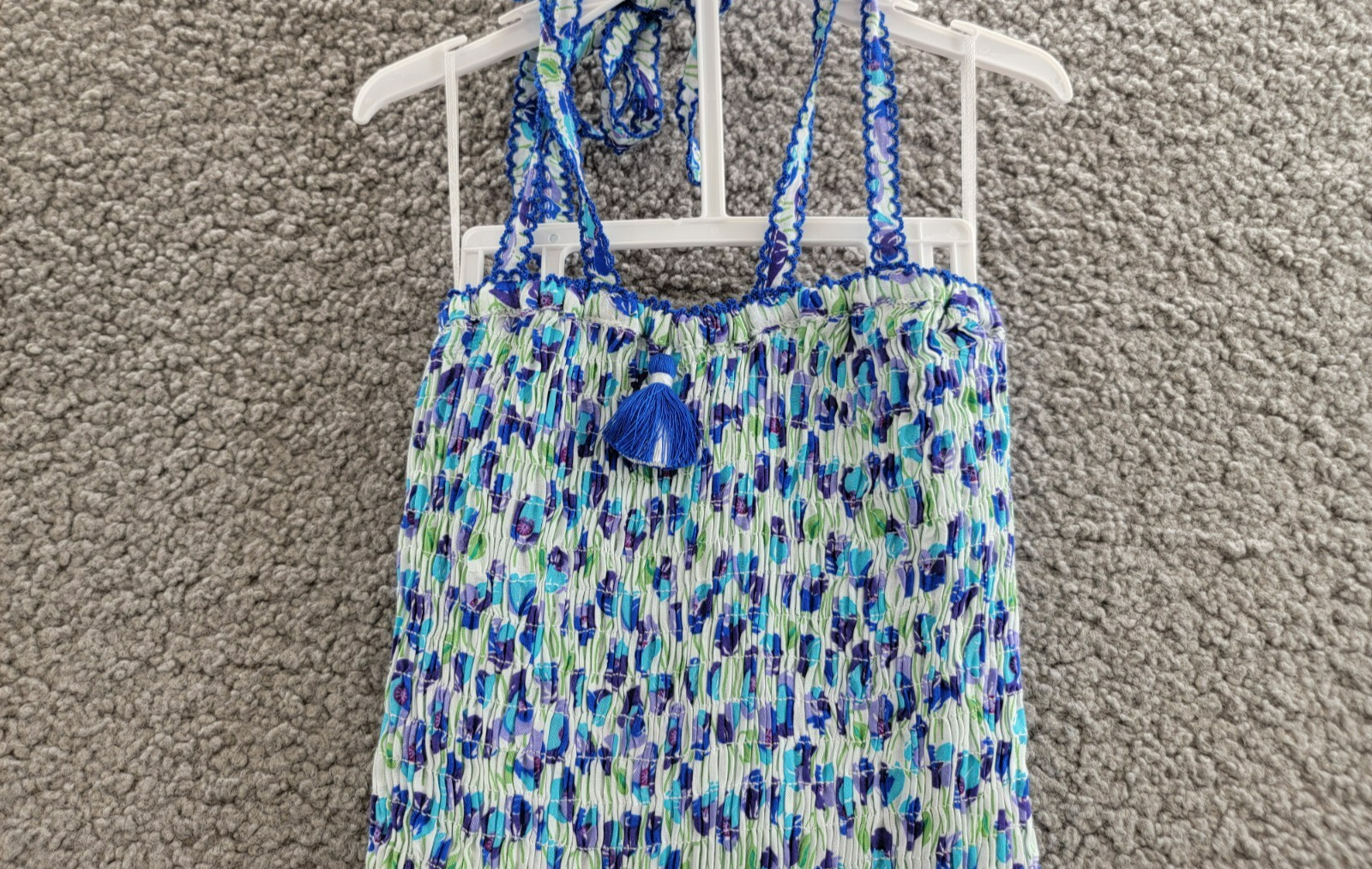 Poupette St. Barth Smocked Bandeau Dress Girls' 4 White/Blue Ruffled Tie Closure - Picture 3 of 15