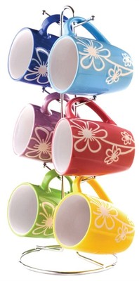 Home Basics 6-Piece Ceramic Mug Set With Stand, Daisy, Multicolor