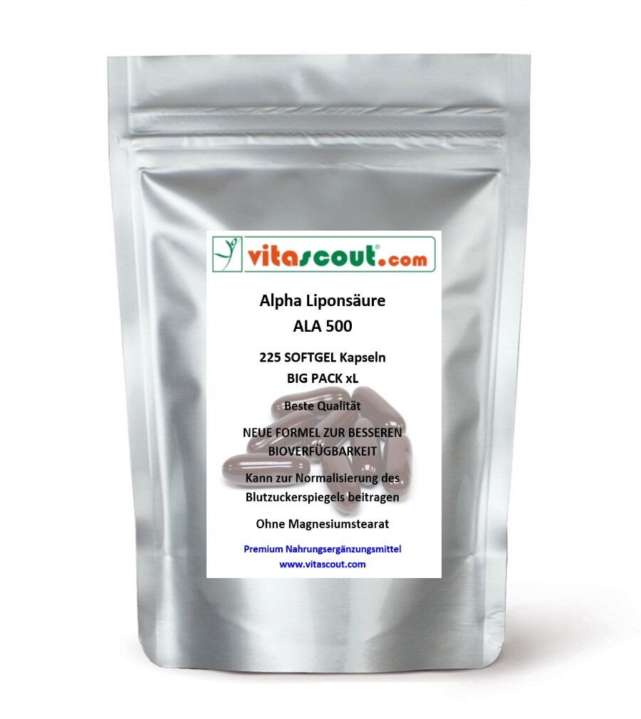 Alpha Liponsäure ALA 225 SOFTGEL-Kapseln á 250mg HOCH BIOVERFÜGBAR - VITASCOUT®