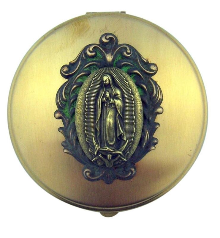 Antique Finish Our Lady Guadalupe Medal on Round Brass Relic Rosary Box or Pyx