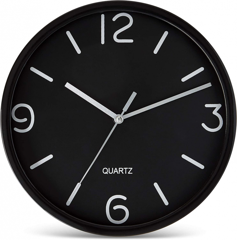 Black Wall Clock 8 Inch Silent Non Ticking Quartz Battery Op