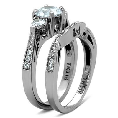 New Stainless Steel Round Cut Cubic Zirconia Wedding Band Ring Set  Size 5