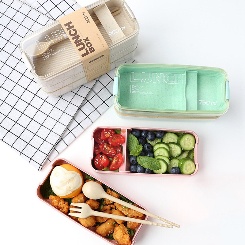 900Ml Portable Bento Lunch Box Kitchen Microwave Wheat Straw Dinnerware Food Sto