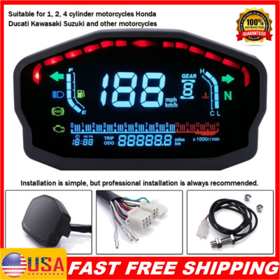 Motorcycle LED Speedometer LCD Digital Odometer Guage For 1/2/4 Cylinder