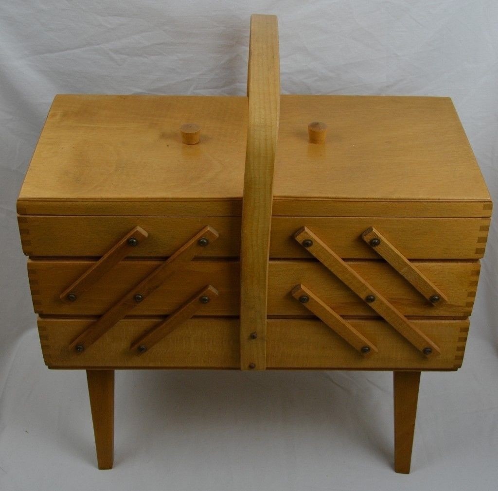 Vintage Wooden Concertina Cantilever Wood Portable Sewing Box 60s