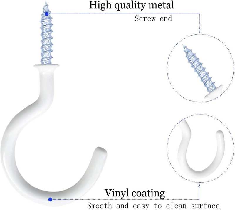 12 Pack 1-1/4 Inch White Vinyl and Steel Coated Cup Hooks, Modern Wall and Ceili