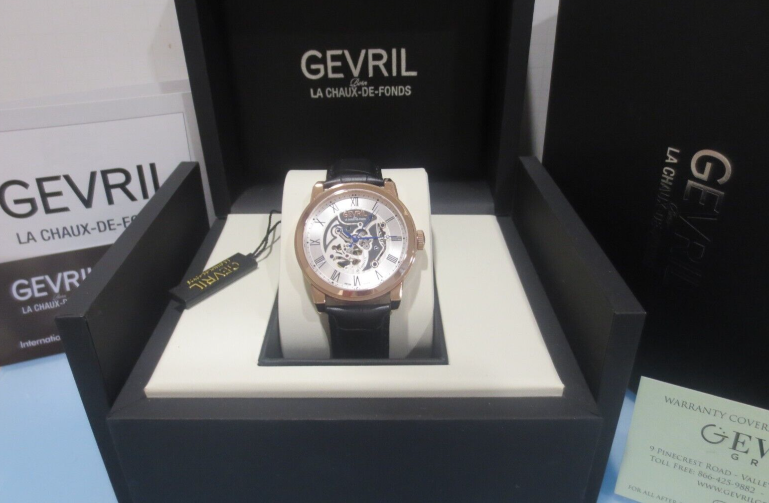 Pre-owned Gevril Men's 2694 Vanderbilt Swiss Automatic Rose Gold Open Heart Leather Watch