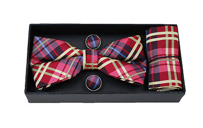 SET COORDINATO UOMO PAPILLON CON BOTTONI GEMELLI E POCHETTE ROSSO BEIGE BRITISH