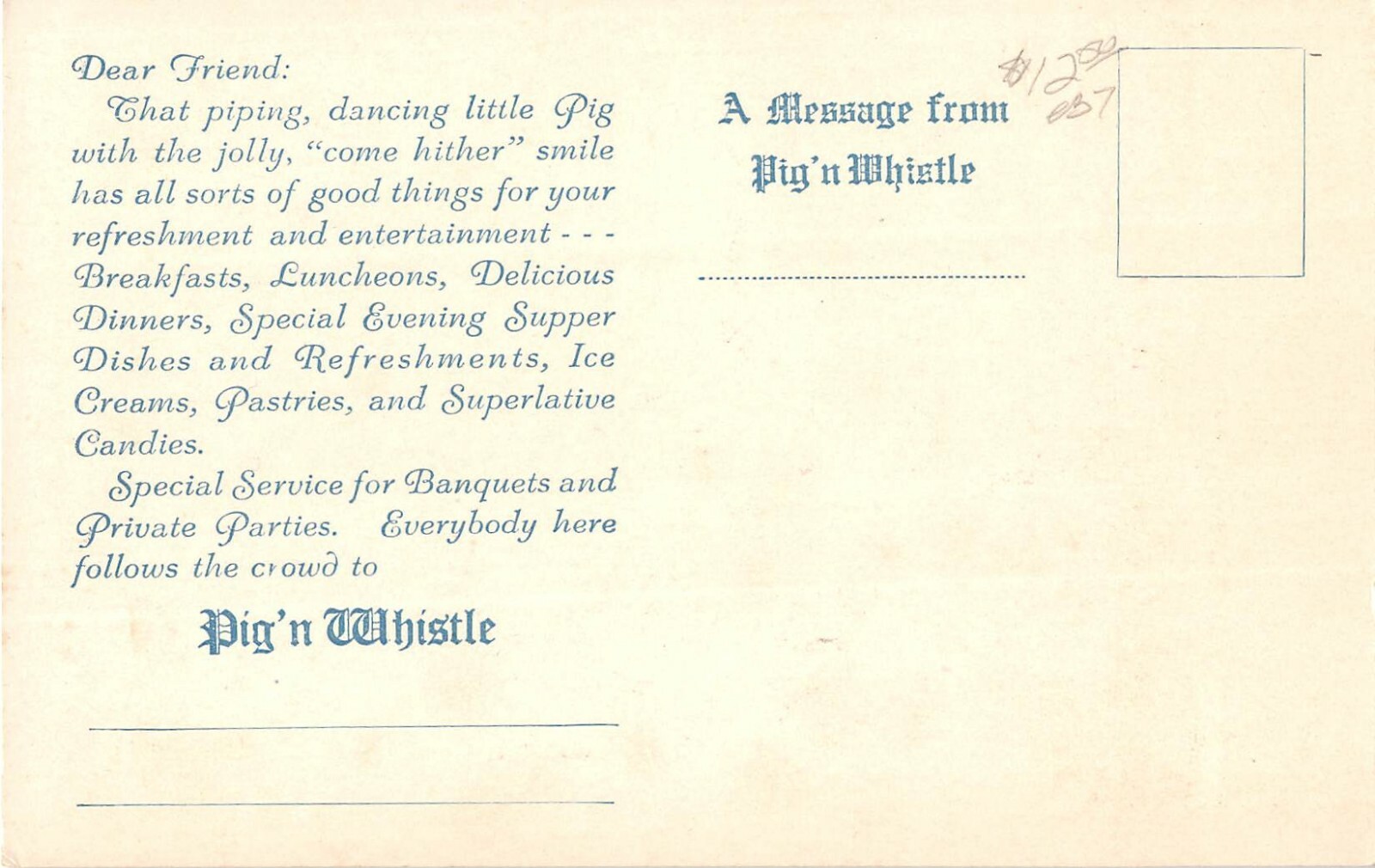1920's Pig'n Whistle Restaurants Advertising post card Art Deco