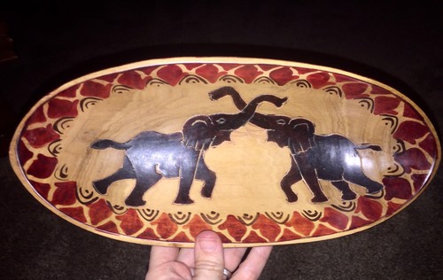 Primitive Vintage Hand Carved Painted Wood Bowl Kenya Africa Elephant