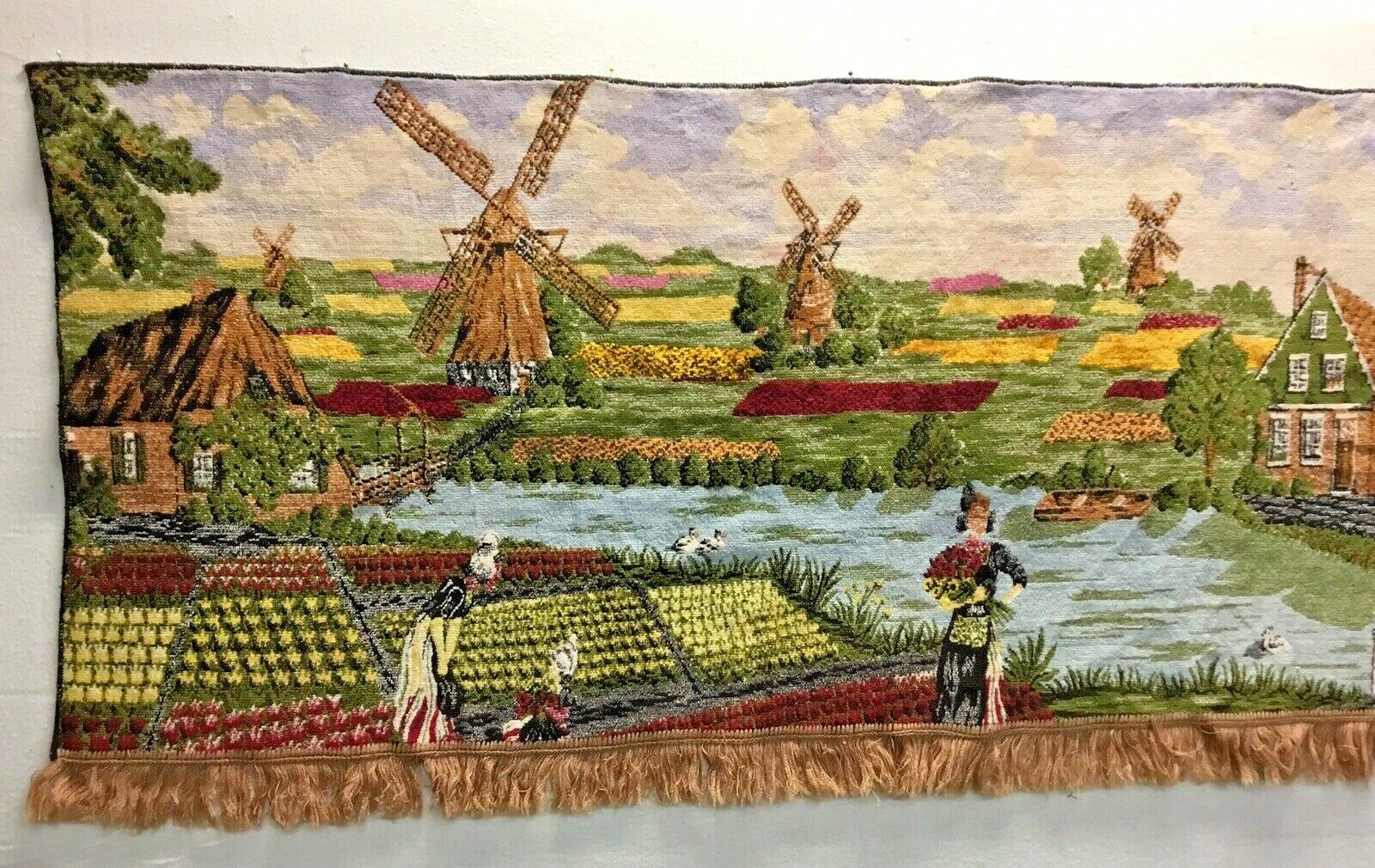 Tapestry~Wall Hanging~Dutch~Windmills~Tulips~Holland~Crops~Fringe~Village~Velour