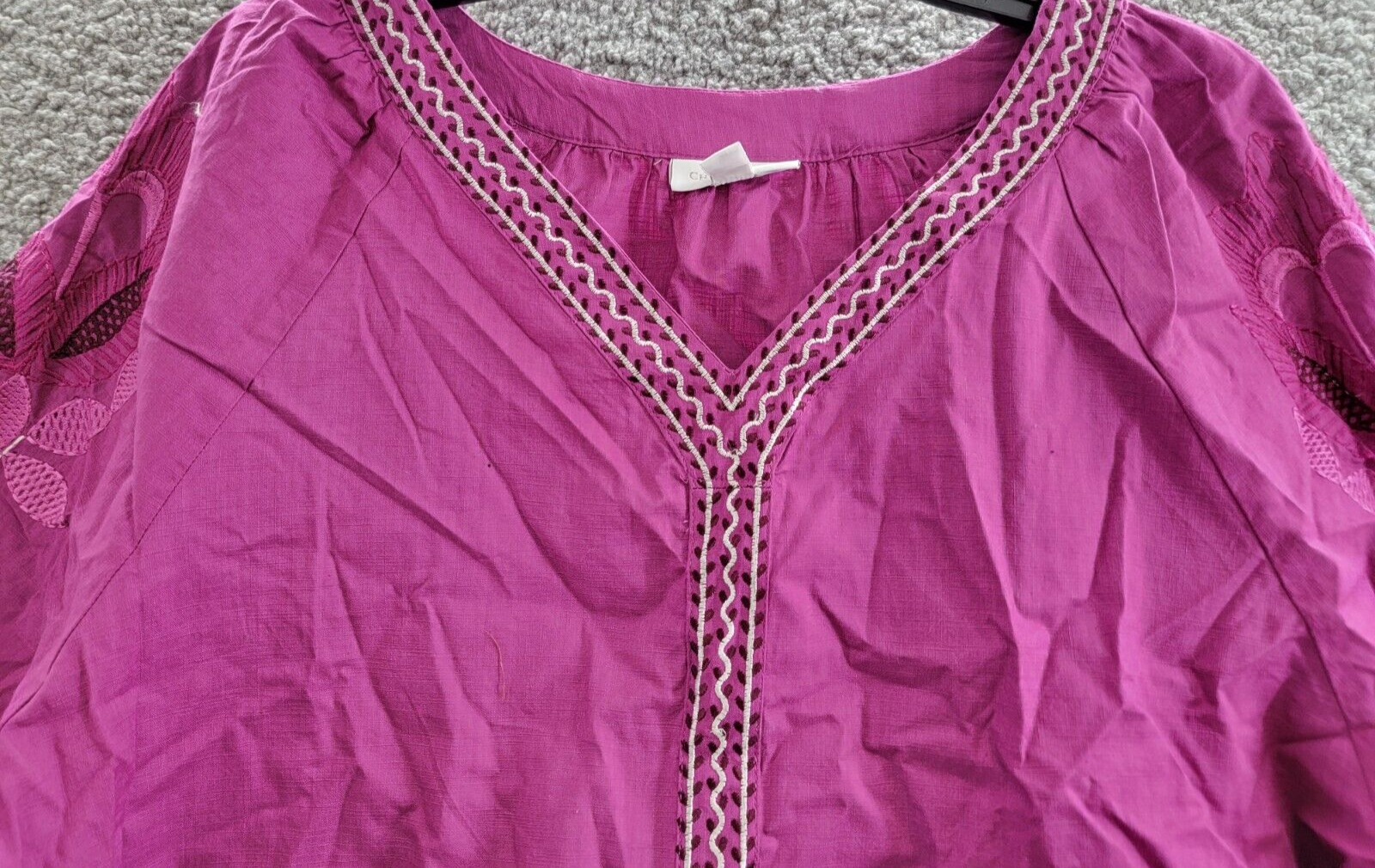 Charter Club Embroidered Bubble-Sleeve Top Women's XL Fuchsia V-Neck 3/4 Sleeve - Picture 3 of 16