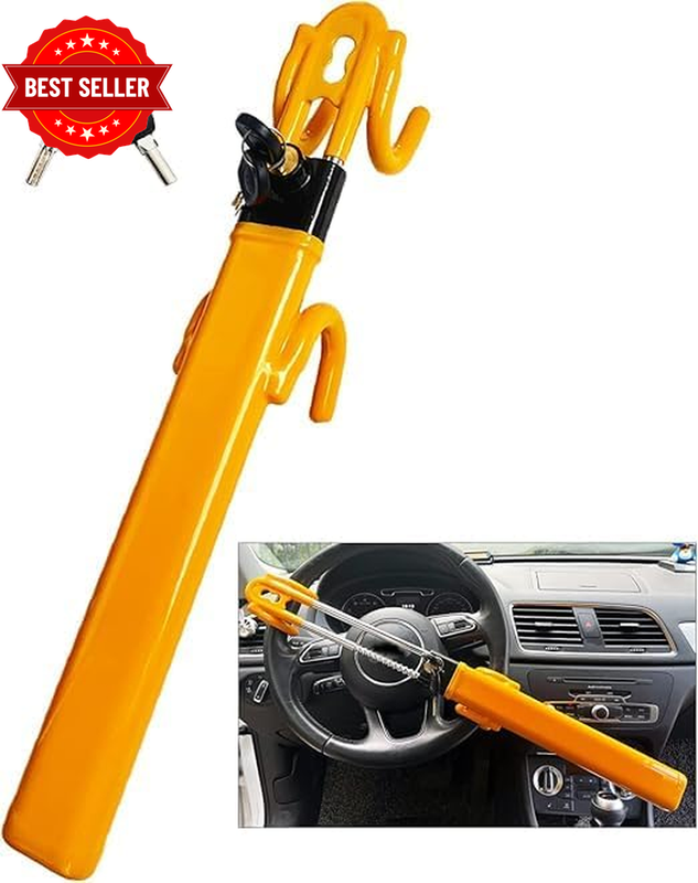 Universal Steering Wheel Lock Anti Theft Double Hook Adjustable Yellow 2 Keys