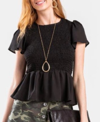 Mi Ami Francescas Black Top NWT $38 Fitted Peplum Blouse Short Sleeve Size M
