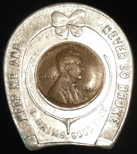 1920 ENCASED WHEAT CENT HORSESHOE GOOD LUCK TOKEN COIN MEDAL HORSE SHOE PENNY
