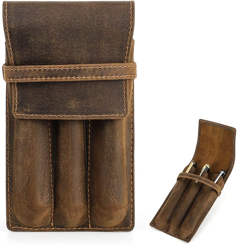 Crazy Horse Leather Pen Case 3 Slots Pens Holder Handmade Fountain Pen Pouch for